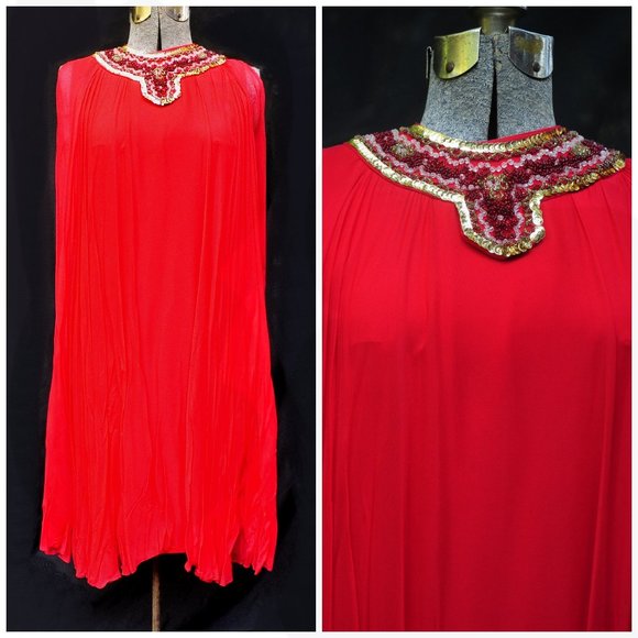 Vintage Dresses & Skirts - VTG 60's 70's Red Chiffon Trapeze A-Line Dress Beaded Neckline XS/S Twiggy Style